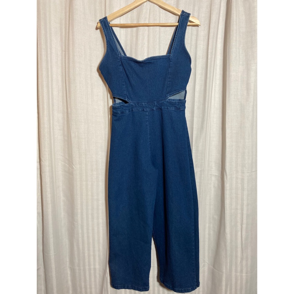 70s Retro Inspired Denim Cut Out Wide Leg‎ Jumpsuit M Cropped Derek Heart Womens